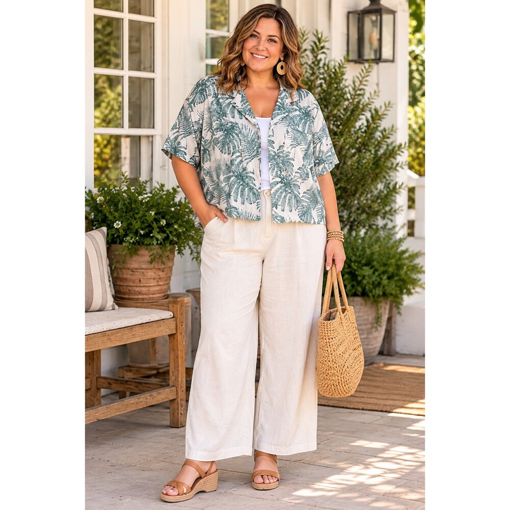 a.n.a Womens 2X Linen Blend Tropical Palm Print Button Shirt Cropped Green